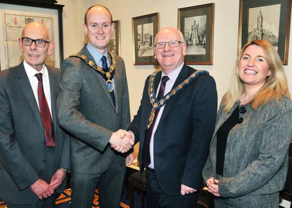 President of the Ballymena Chamber of Commerce,  Alan Stewart who thanked Billy Ashe,  Mid and East Antrim  Mayor, for the council's sponsorship of the Business Awards 2016. Looking on are Chris Wales and Linda Williams. INBT 17-802H