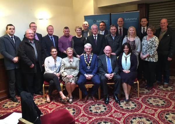 Newly elected Chamber President Ronan McCann with the new Management Committee and some of the guests who attended the Ballymena Chamber of Commerce & Industry agm. (Submitted Picture).