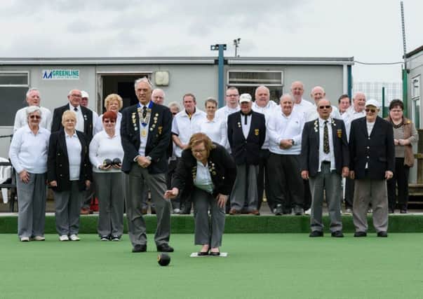 Antrim Lawn Bowling Club lady president Irene McCullough bowls the first bowl to mark the opening of the 2016 season. INBT 14-192CS