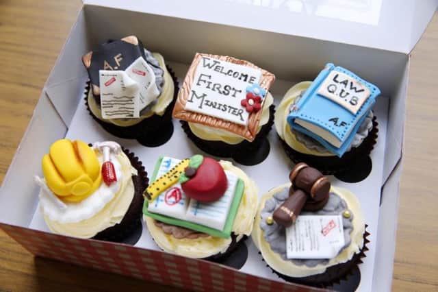 Cakes presented to Arlene Foster during her visit to Ballymoney. inbm16-16s