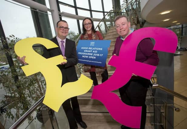 Pictured at the launch of the Good Relations Grant Aid Programme are; r-l; Chairman of the Leisure and Community Development Committee, Alderman Paul Porter, Good Relations Officer, Lynsey Gray and Head of Cultural and Community Services, Ryan Black.