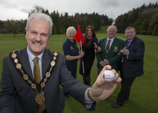 Mayor Thomas Beckett, Dame Mary Peters, Gillian Shield (Community Affairs Manager, Coca-Cola HBC NI), Ken Haslem (Lisburn GC Captain) and Alderman Paul Porter are all set for the charity golf day.