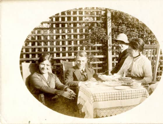 Roisin Gallagher with Lisburn actor Ruairi Tohill and producer Ian Dougan, who is also from Lisburn (inset) Eric Appleby and Phyllis Kelly, Erics sister Kathleen, and Mrs Appleby, taken in August 1915.