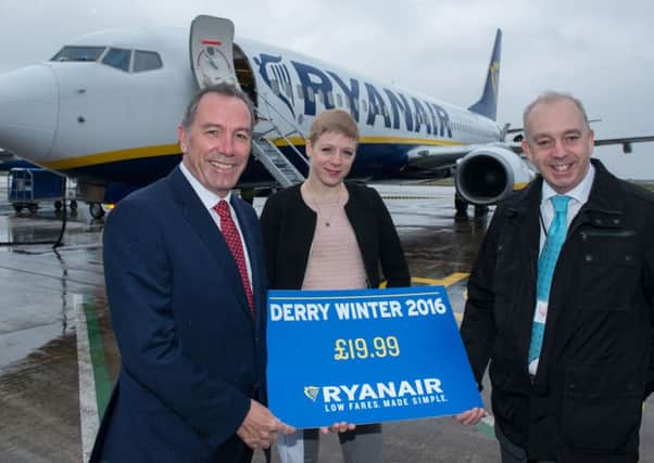 Ryanair have launched their Derry Winter 2016 Schedule. Pictured at the launch are Roy Devine, Chairman of City of Derry Airport Board, Kate Sherry, Director of Route Development, Ryanair and Clive Coleman, Contracts Director, Regional and City Airports. Picture Martin McKeown. Inpresspics.com. 12.04.16