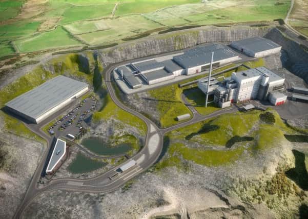 A computer-generated image of the proposed EfW plant development at Hightown Quarry.