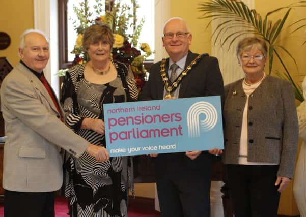 Mayor with Mid East Antrim pensioners:  Mayor of Mid & East Antrim Borough Council, Cllr Billy Ashe, with pensioners Kenneth Wilson and Jean Haveron and Caroline McKeown from Age Sector Platform. Image submitted.