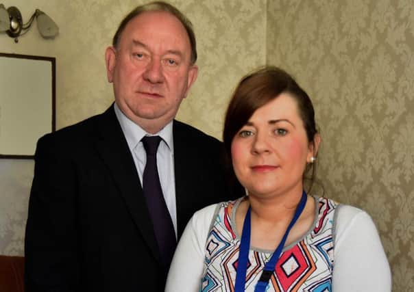 Councillor William Irwin and Mrs Marilyn McGaffin from Tandragee who is having difficulty in obtaining a nursery place for her child. INPT16-208.