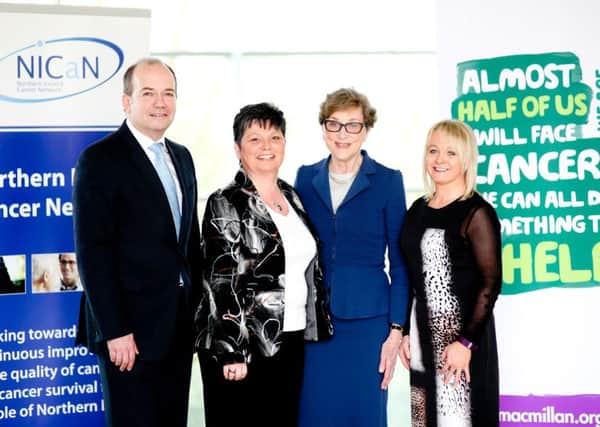 Pictured at the recent Work & Cancer workshop in Mossley Mill are (L-R): Northern Irelands Chief Medical Officer, Dr Michael McBride; former cancer patient Nicola Porter; Downing Streets Expert Advisor on Health and Work, Dame Carol Black and Macmillans Strategic Partnership Manager, Paula Kealey.  INCT 16-722-CON