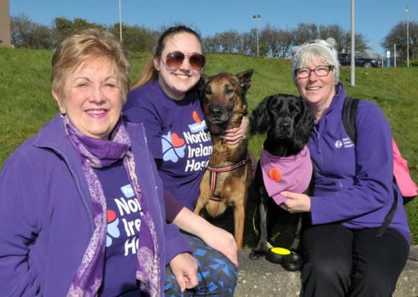 Actress, Olivia Nash with Helen Crooks, Alyson Kerr and Uri and Luna before the start of the Hospice Walk in Larne. INLT 16-200-AM  picture:Alistair Mawhinney