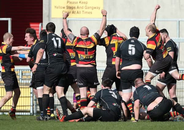 Lurgan celebrate scoring the game winning try against  Limavady during Saturday's Gordon West Final at Kingspan Stadium.
Picture by Brian Little/Presseye