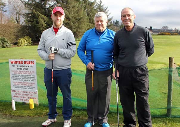 On the first tee at Ballymena Golf Club for the Da Prato Cup competition were Davy Montgomery, Derek Francey and Kenny Morrison. INBT 16-848H