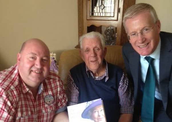 Adrian McQuillan MLA and Gregory Campbell MP with Aghadowey man Willie Wilson who will turn 90 this year. INCR (S)