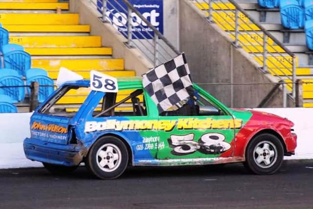 Alastair Bolton from Aghadowey takes a lap of honour after a race win in the Stock Rods at Ballymena Raceway. INBM17-17