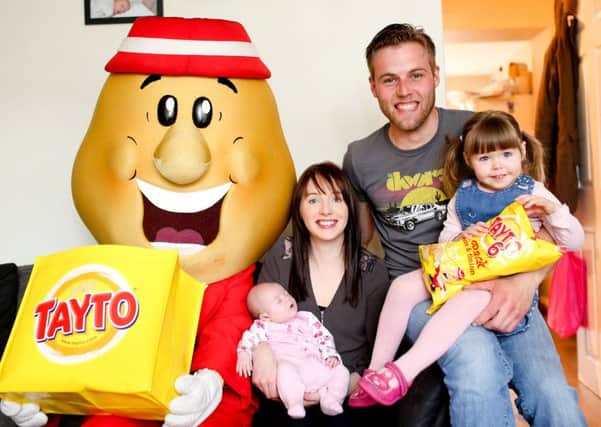 60 years to the day after Tayto started its crisp-making business in Tandragee, little Elena Beattie was born on 29 February this year.  To celebrate her special day, Mr Tayto visited her with some birthday presents and was joined by her big sister, Eva and her mum and dad Elyse and Jordan, at their home in Dromore, County Down.