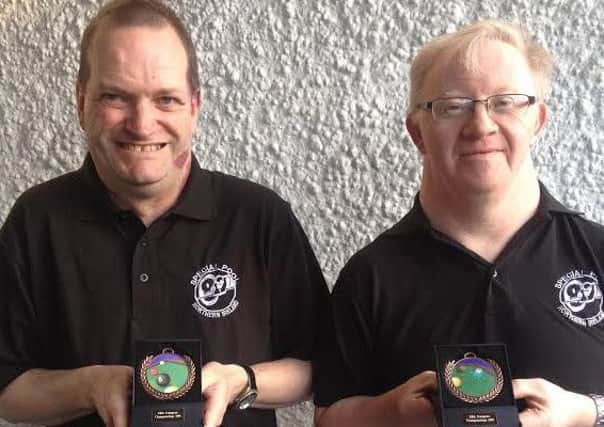 Cookstown Specials pool team members, left, Michael Crawford from Cookstown and Liam Ryan from Ardboe, who reached the finals of the Special International Pool Championships in England playing for Northern Ireland