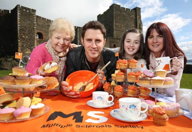 Greenisland actor Stephen Hagan joins Alice, Adele and Leah McReavie, from Carrick, for the launch of the MS Society's Cake Break. INCT 16-782-CON