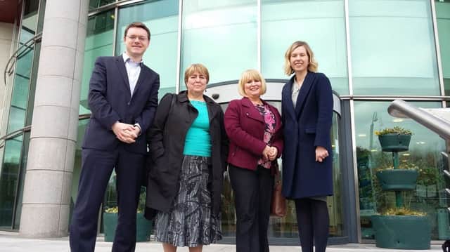 (l-r) Photographed before a presentation to Lisburn &amp; Castlereagh City Council are NIFHAs Chief Executive Cameron Watt; Clanmils Chief Executive Clare McCarty; Clanmils Director of Property Services, Carol McTaggart; NIFHAs Deputy Chief Executive, Jennie Donald