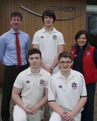David Kennedy of Kennedy Orthodontics who are sponsors of Ballymena Academy Cricket is seen here with 1st XI players John Brown, John Glass and James McLean and their teacher Mrs Mary Glass. INBT 15-170CS
