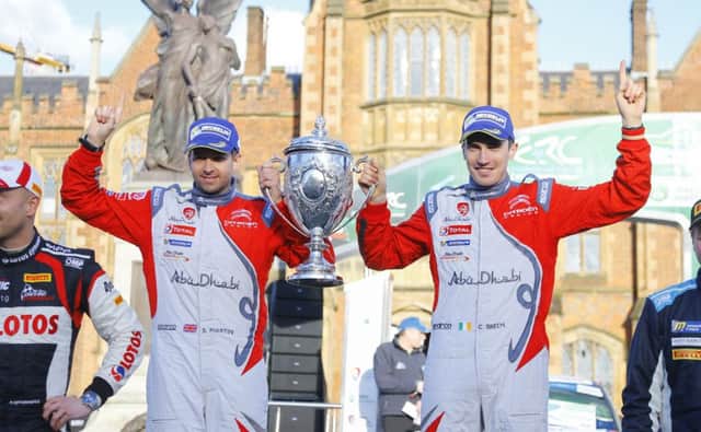 The 2016 Circuit of Ireland International Rally race winner  Craig Breen and his Co-Driver Scott Martin take victory in their Citroen DS3 R5 at Queens University in Belfast, Northern Ireland.  ( Photo by Kevin Scott / Presseye )