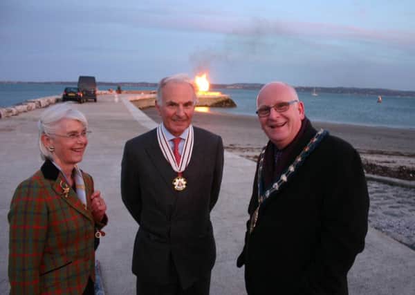 Vice Lord Lieutenant for County Antrim Richard Reade and Mrs Reade with Mayor Billy Ashe at the beacon lighting.  INCT 17-751-CON