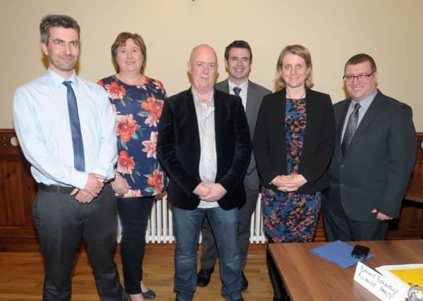 Assembly election canidadates and Unite members who took part in the discussion at Larne Town Hall, including Danny Donnelly, Alliance, Maureen Morrow, UUP, Dawn Patterson, Green Party, Conor Sheridan, Labour Alternative Party and Martin Wilson, SDLP and Unite's Leo Mooney. INLT 17-201-AM