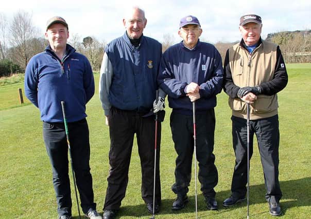 Damien Casey, Harold Stafford, David Kilpatrick and Des Cousley ready to tee off at Galgorm Castle. INBT 16-844H
