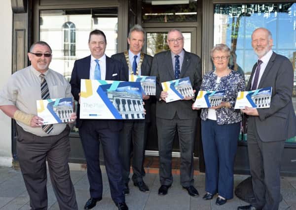 Attending the launch of the NIIRTA Alternative Programme for Government are (L to R) Robert Hill, UKIP election candidate for South Antrim, Glyn Roberts, Chief Executive of NIIRTA, David Reade, President of Ballyclare Chamber of Trade, Steve Aiken, UUP election candidate for South Antrim, Councillor Vera McWilliam and David Ford, Alliance candidate for South Antrim. INNT 16-001-PSB