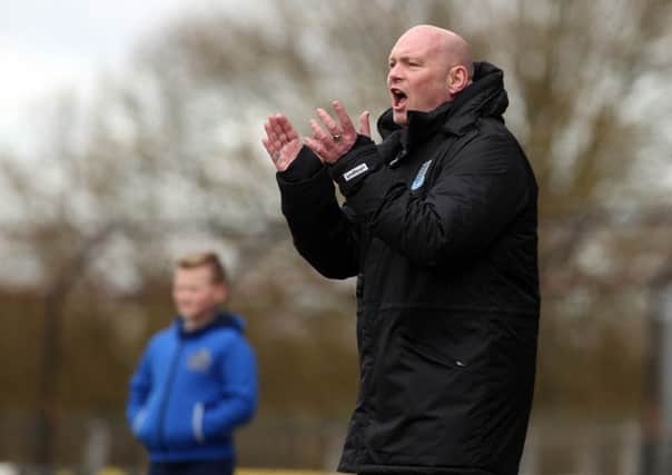 Ballymena United manager David Jeffrey encourages his players during today's game against Ballinamallard. Picture: Press Eye.