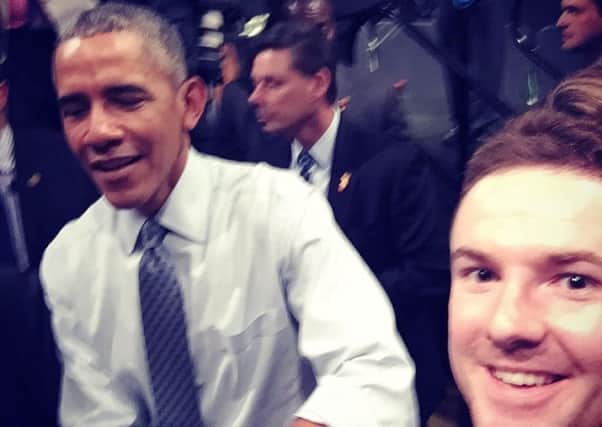 Christopher Madden, from Carrick, shaking hands with President Obama in London. INCT 17-709-CON
