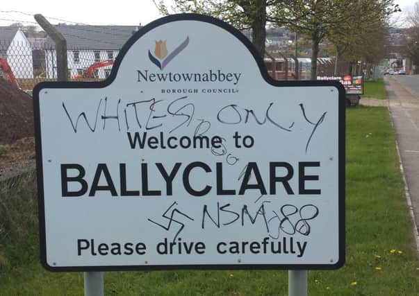 The sign on Hillhead Road was daubed with racist graffiti. INNT 17-808CON