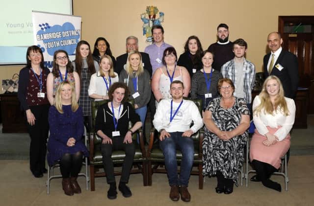 Banbridge Youth Council hosted a Young Voters Night in Banbridge Civic Building with Upper Bann Candidates Catherine Seeley (SF), Dolores Kelly (SDLP), Emma Hutchinson (NI Labour), Sophie Long (PUP), David Jones (UKIP), Ian Nickels (Con) and Harry Hamilton (Alliance) included are Colette Ross (Education Authority Youth Service), Christian Ford (Chair) and Samuel Mount (Vice Chair)Â©Edward Byrne Photography INBL1618-201EB