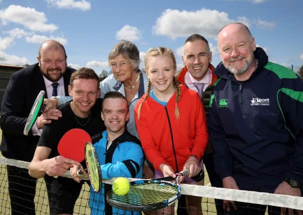 Enjoying the Racketlon event at Dromore Community Centre to celebrate the launch of Every Body 2020 are (l-r): Councillor Mark Baxter, Chair of Leisure and Community Services Committee from Armagh City, Banbridge and Craigavon Borough Council; Aleksander Bartusik, Table Tennis Ulster; Niall McVeigh, Para-Badminton World & European Champion; Hilda Macbride, Lisburn Racquets; Amber Young, U14 Ulster Tennis Academy player; John News, Participation Manager Sport NI; Nick Rusk Every Body Active 2020 Coach. Picture by Darren Kidd / Press Eye.