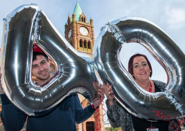 Craig Walker joins Cathy Boyd of the Princes Trust to celebrate the youth charitys 40th birthday at the Guildhall in Derry/Londonderry.