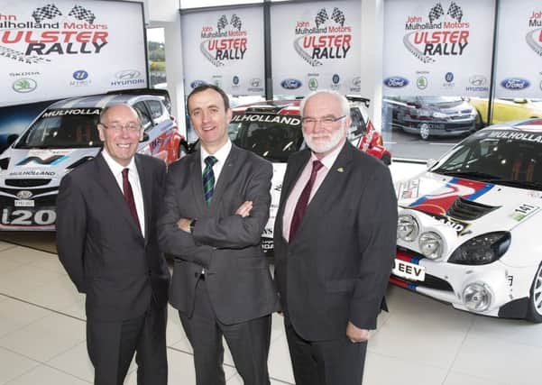 Pictured at the recent John Mulholland Motors Ulster Rally 2016 sponsorship announcement, from left, Gary Milligan, Clerk of the Course, John Mulholland, Managing Director John Mulholland Motors and Robert Harkness, President of The Northern Ireland Motor Club Ltd.