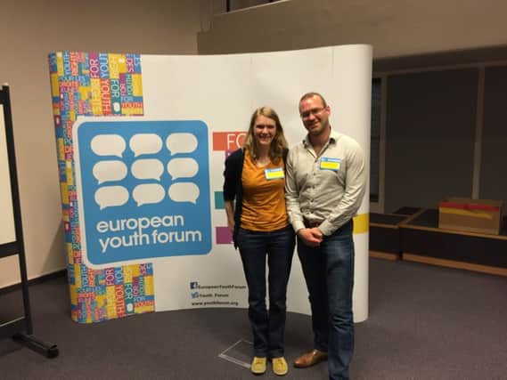 Geoff Thompson meets up with Veronika Nordhus (International Movement of Catholic Agricultural and Rural Youth) at the European Youth Forum meeting.