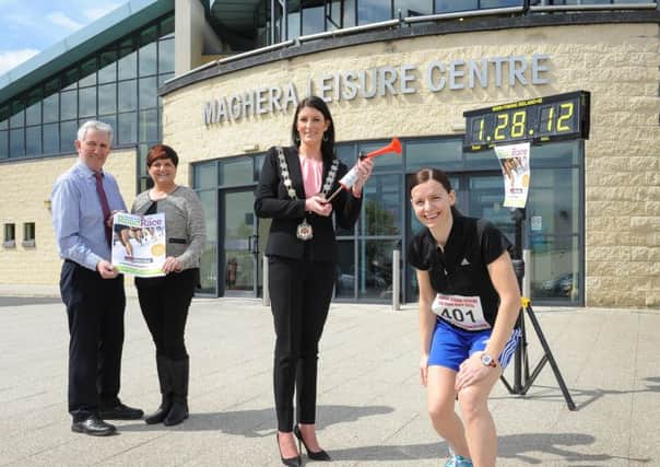 Pictured launching the 2016 Maghera 10K event are, (l-R): Patsy Convery, Kellys Eurospar, Elizabeth McLaughlin, Maghera Leisure Centre Manager, Chair of Mid Ulster District Council, Councillor Linda Dillon and fitness instructor Shauna McCaul.