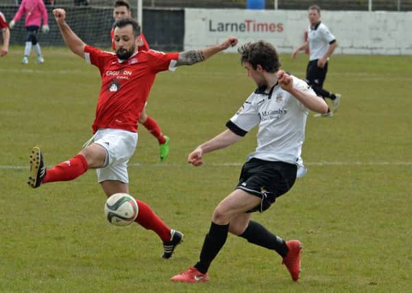 Scott Irvine in action for Larne FC in their 6-1 win over Lisburn Distillery at Inver Park. INLT 17-004-PSB