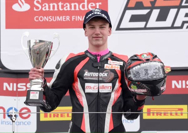 East Antrim rider Aaron Wright kept his perfect record in the KTM Cup with a double at Oulton Park. INLT 18-930-CON