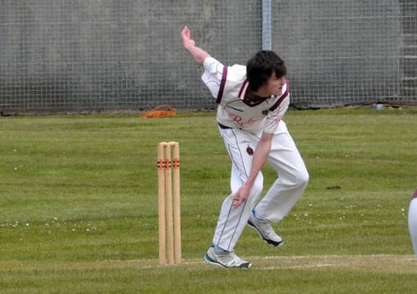 Larne bowler Jack Campbell delivers his ball at Sandy Bay. INLT 18-200-AM