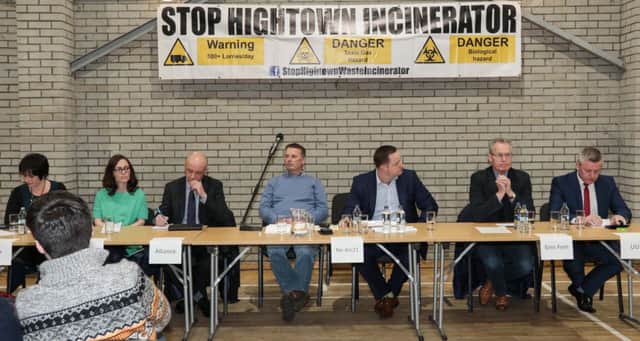 Members of the NoArc21 campaign group and local politicians addressing the public meeting in the Academy Hub, Mallusk on Thursday, April 28. INNT 17-514-SO