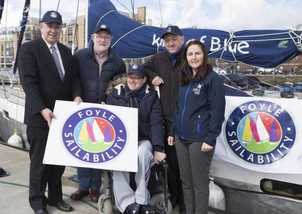 Pictured at Foyle Port Marina for the launch of Foyle Sailability 2016 are, from left: Cathal MacElhatton, Chairman, Foyle Sailability; Kevin O'Donnell Sr, Kevin O'Donnell Jr, Foyle Sailability participant; Bill McCann, Harbour Master, Foyle Port; Donna Buchanan, HR Manager, Foyle Port.  Photo: North West Newspix