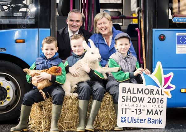 L-R Sam, Eddie & Matthew Mercer travel with Ruby the Hen and Louie the lamb to announce Translinks special bus, coach and train transport plans for this years Balmoral Show, May 11 - 13  Also pictured are Translink Group Chief Executive Chris Conway and RUAS Operations Director Rhonda Geary. (Submitted Pic).