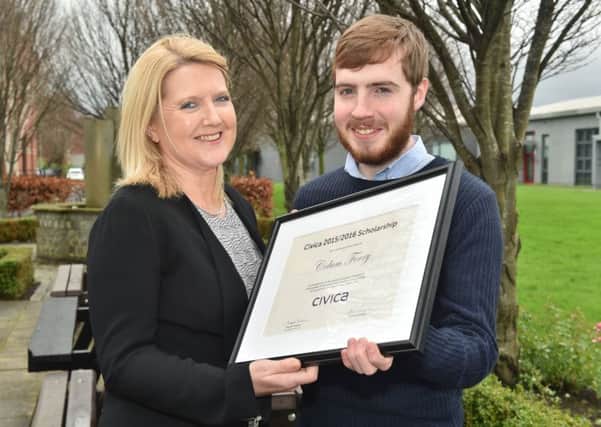 Colum Ferry, who is currently studying Computer Science at Ulster University Magee, with  Civica Digital Solutions Ireland managing director, Angela Canavan, who welcomed him to the company.  Photo: Simon Graham, Harrison Photography