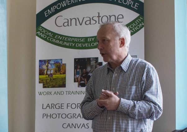 Canvastone's Frazer McCammond outlining their latest project to Dromore young people.