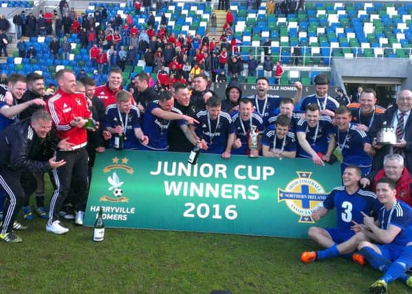Harryville Homers celebrate their Irish Junior Cup triumph over Rosemount Rec.