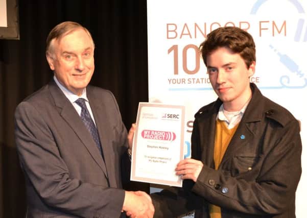 Performing Arts student Stephen Keeley from Dunmurry receiving his My Radio Project certificate from Ken Webb, Principal and Chief Executive at SERC.