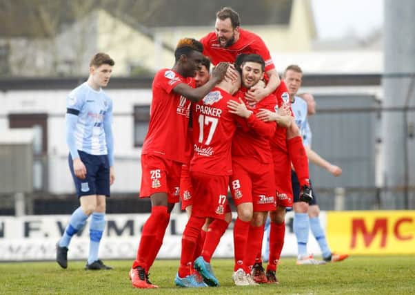 Portadown players celebrate Matthew Parker's goal against Ballymena United. Pic by PressEye Ltd.