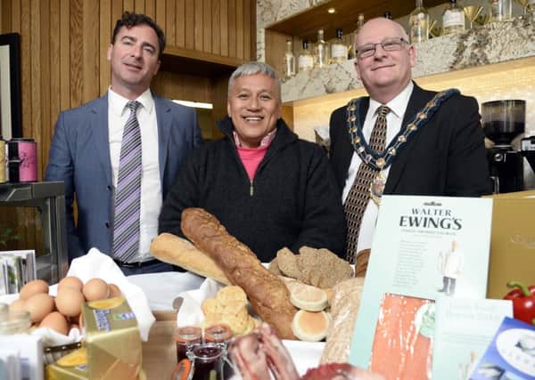 Chef Wan arrives in Ballymena.  Chef Wan is welcomed to Mid and East Antrim by Mayor Councillor Billy Ashe and Andrew Cowan, Chief Executive, Northern Irish Connections.