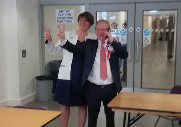 Arlene Foster, DUP Leader, with her running mate Maurice Morrow at Omagh Leisure Centre. Ms Foste topped the poll at the Fermanagh-South Tyrone count