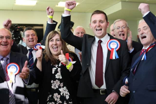 Â©/Presseye.com - 56h May 2016.  Press Eye Ltd - Northern Ireland 

NI Assembly Elections Foyle and East Londonderry count

Successful DUP candidate Gary Middleton celebrates his election to Foyle.

Mandatory Credit Photo Lorcan Doherty / Presseye.com